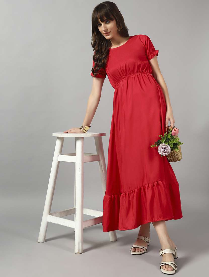 women solid puff sleeve tiered dress
