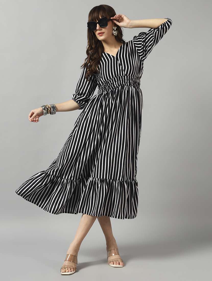 women striped puff sleeve tiered dress
