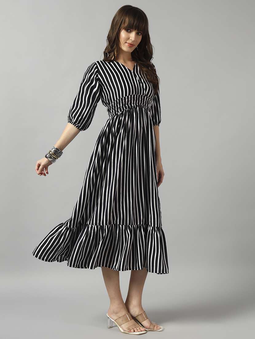 women striped puff sleeve tiered dress - 22090770 -  Standard Image - 1