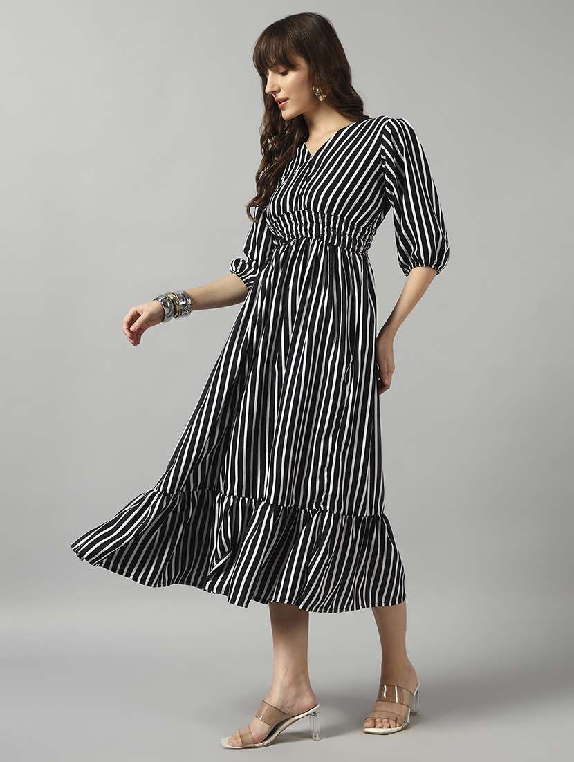 women striped puff sleeve tiered dress - 22090772 -  Standard Image - 1