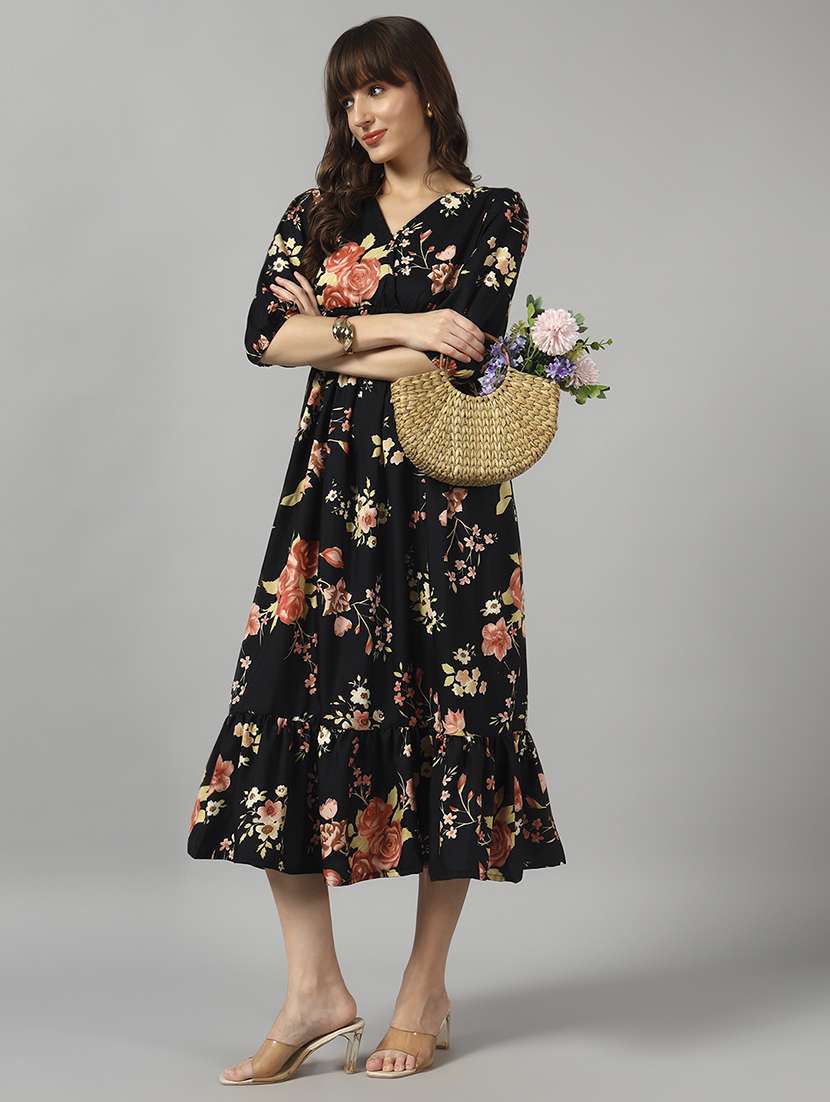 women printed puff sleeve tiered dress