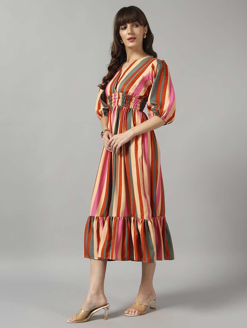 women striped puff sleeve tiered dress - 22090779 -  Standard Image - 1
