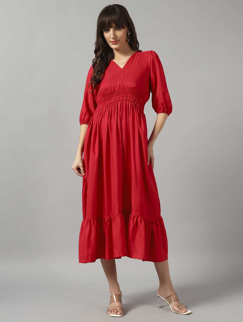 women solid puff sleeve tiered dress - 22090803 - Standard Image - 1