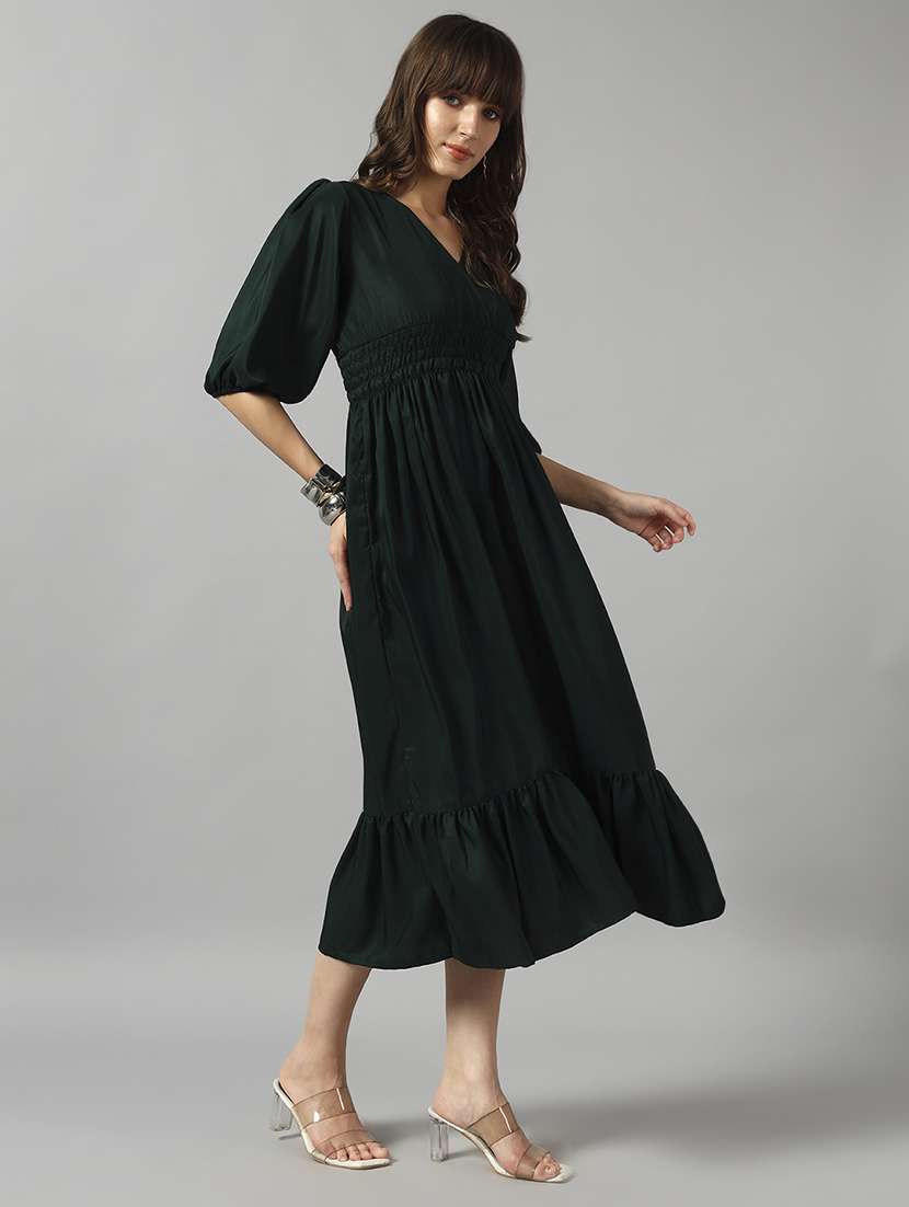 women solid puff sleeve tiered dress - 22090804 - Standard Image - 1