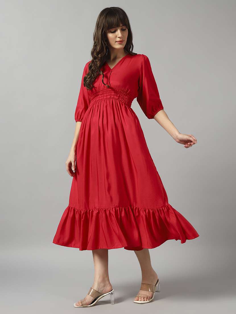 women solid puff sleeve tiered dress - 22090805 - Standard Image - 1