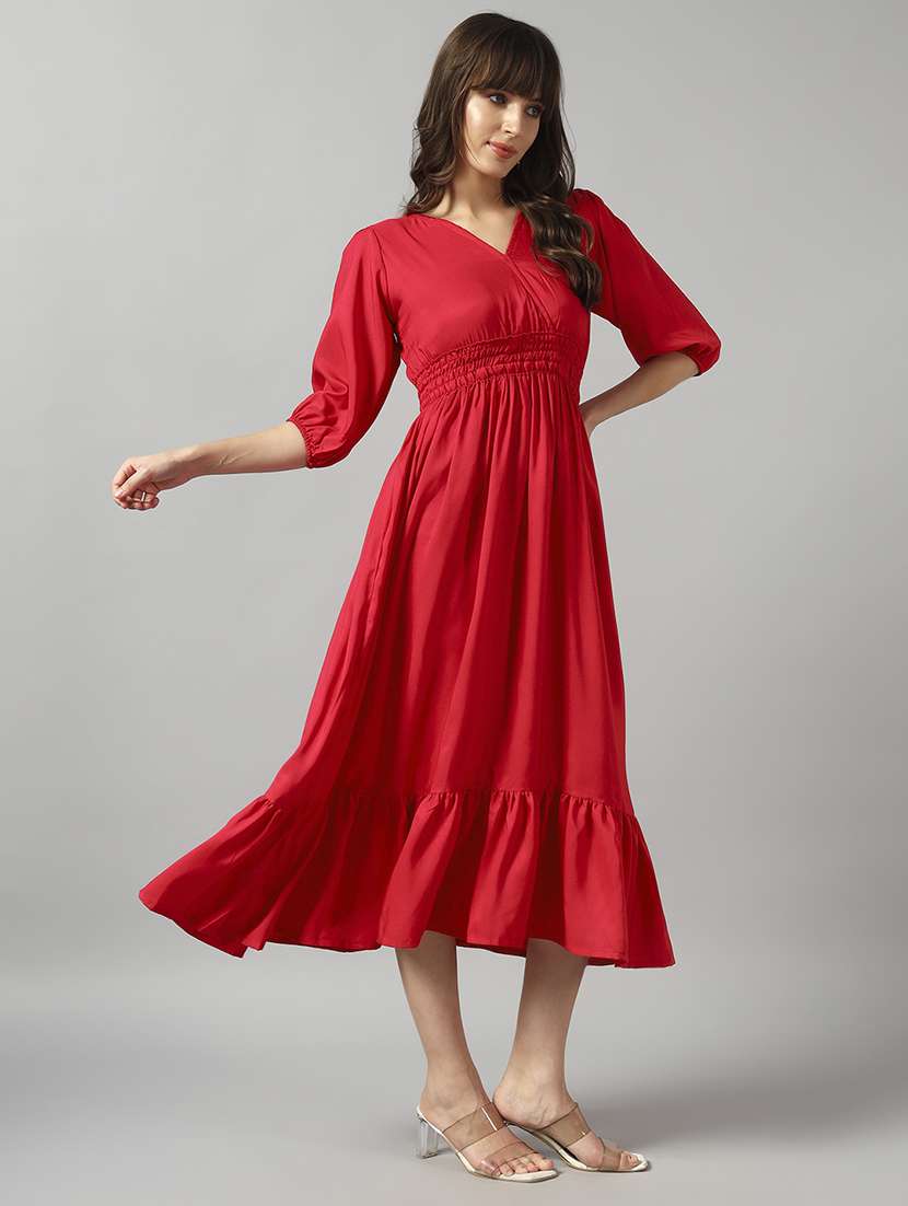 women solid puff sleeve tiered dress - 22090807 - Standard Image - 1