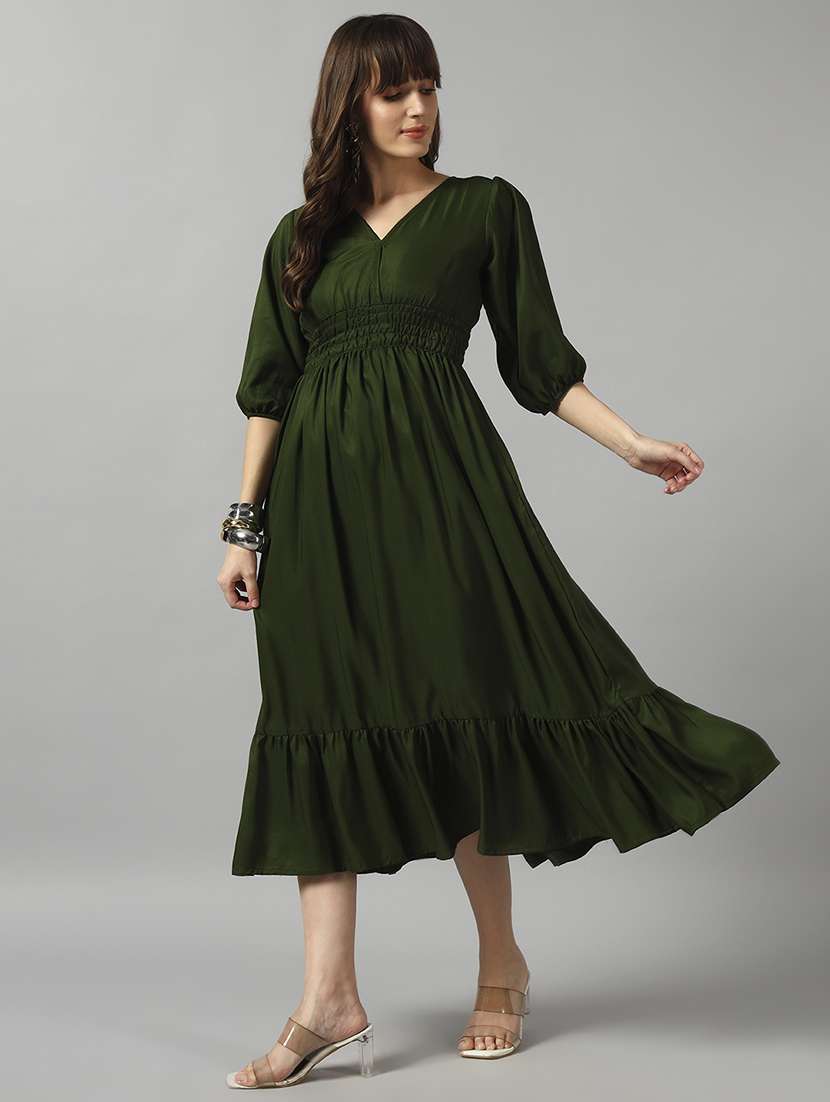 women solid puff sleeve tiered dress - 22090811 -  Standard Image - 1
