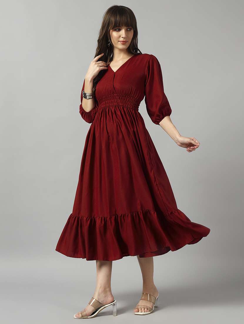 women solid puff sleeve tiered dress