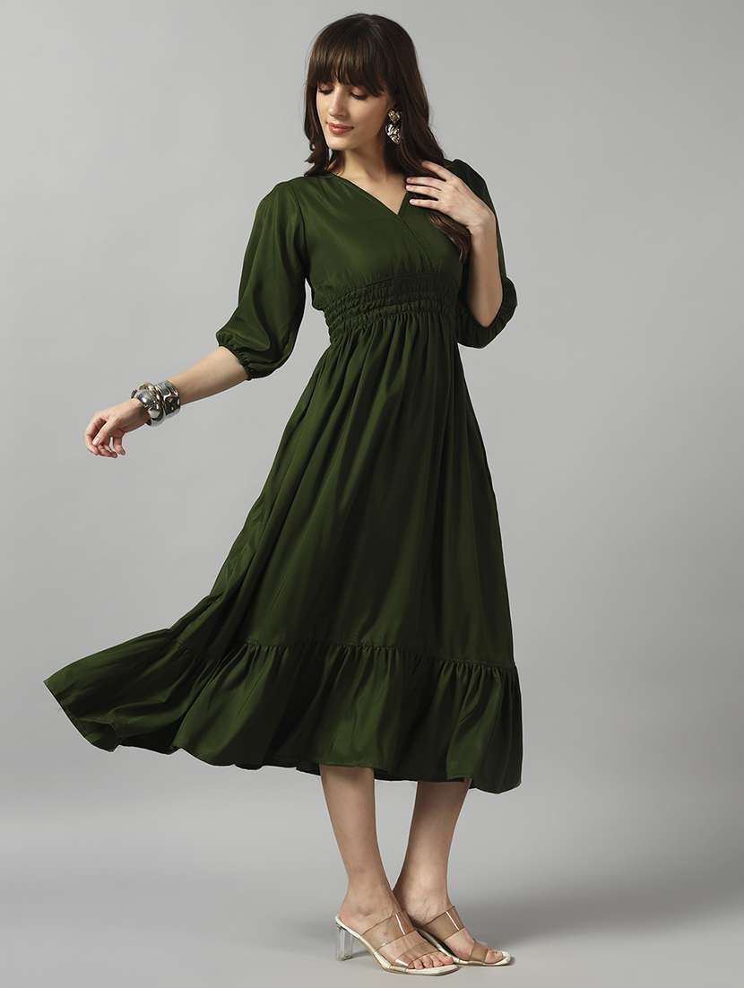 women solid puff sleeve tiered dress - 22090813 -  Standard Image - 1