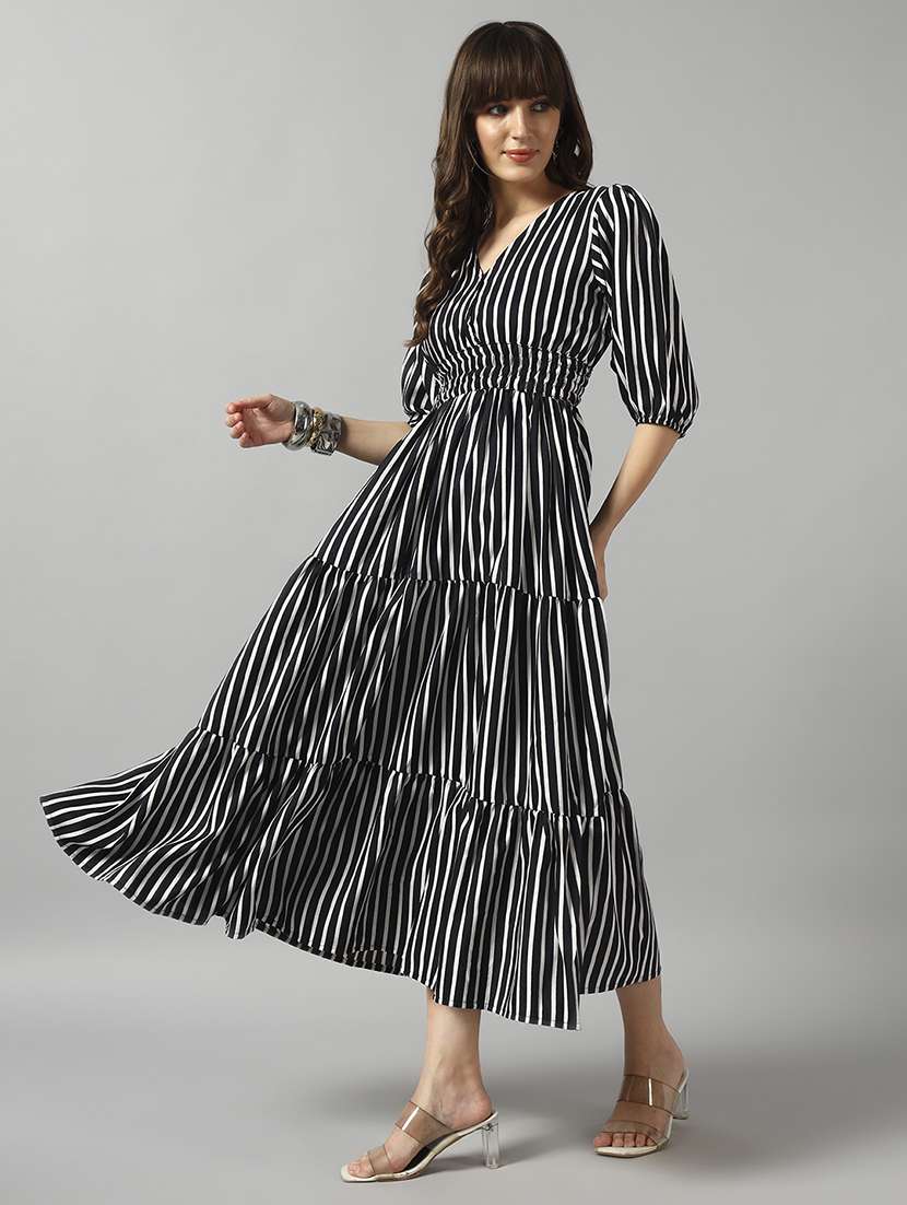 women striped puff sleeve tiered dress - 22091533 -  Standard Image - 1