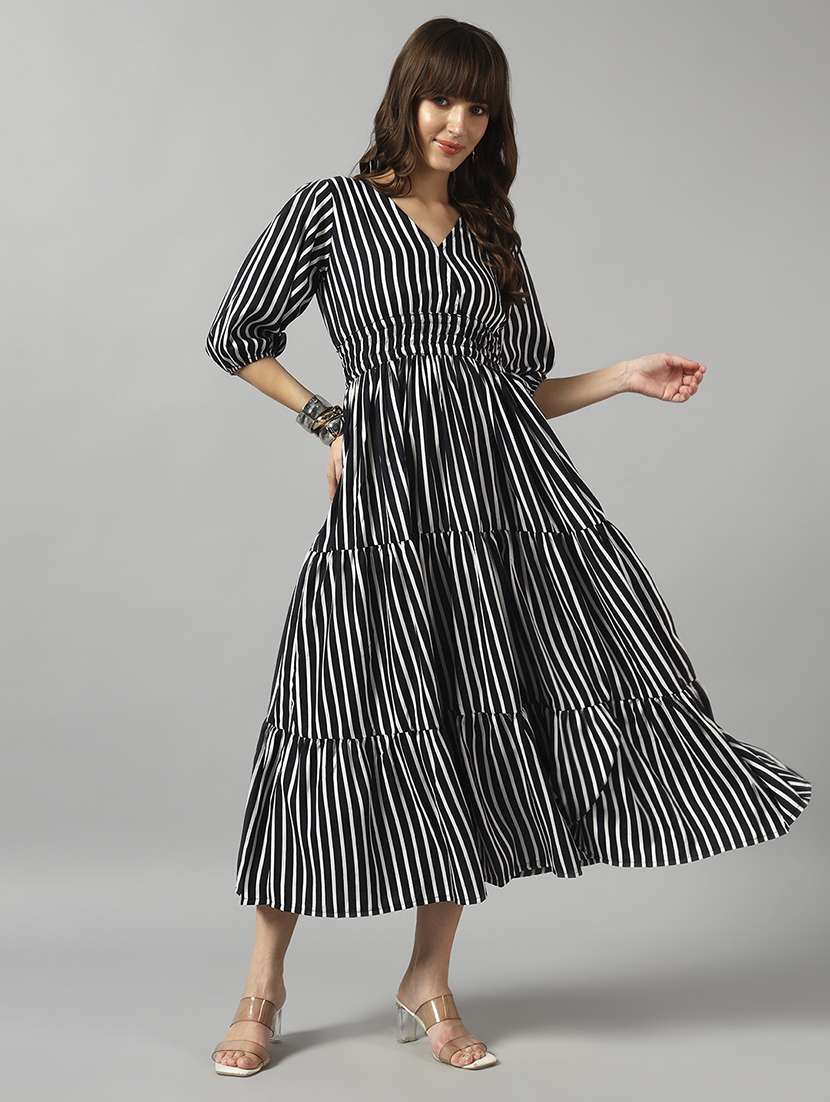 women striped puff sleeve tiered dress