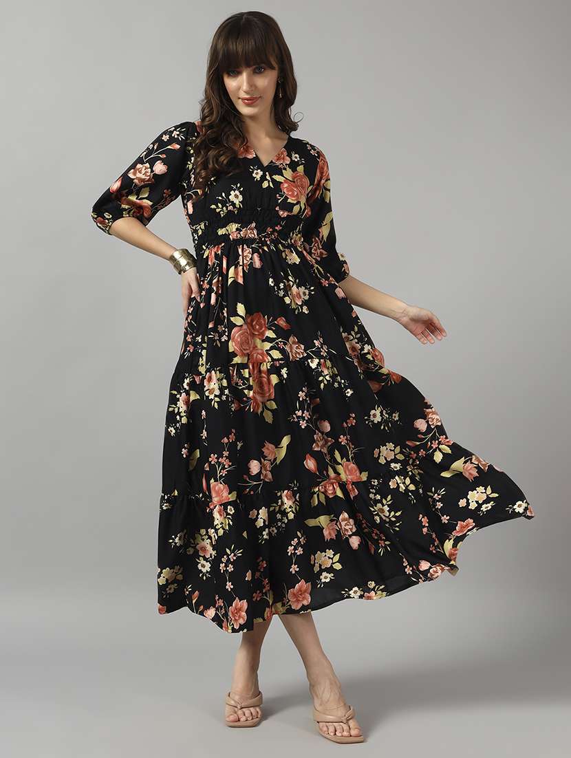 women floral printed puff sleeve tiered dress