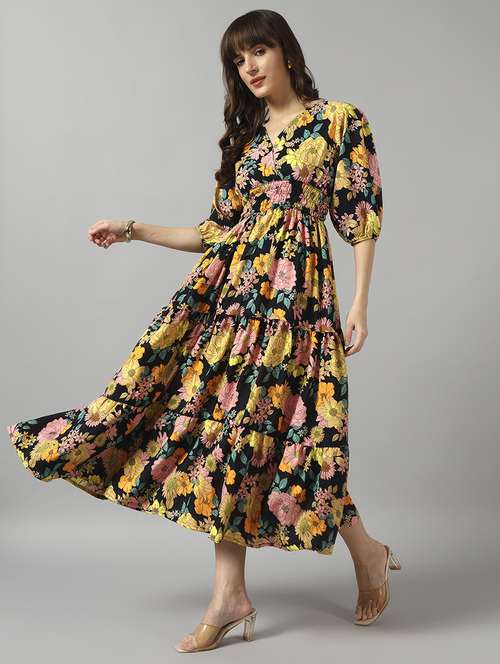 women floral printed puff sleeve tiered dress - 22091541 - Standard Image - 0
