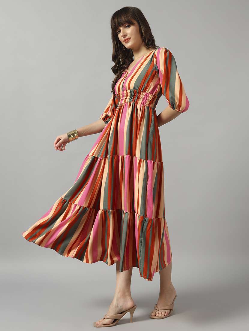 women striped puff sleeve tiered dress - 22091544 -  Standard Image - 1
