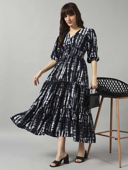 women tie & dye printed puff sleeve tiered dress - 22091547 -  Standard Image - 0