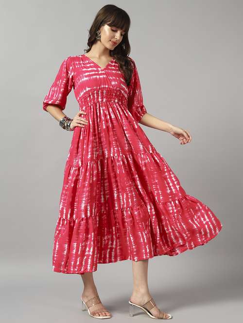 women tie & dye printed puff sleeve tiered dress - 22091549 -  Standard Image - 0