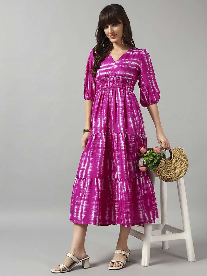 women tie & dye printed puff sleeve tiered dress - 22091550 -  Zoom Image - 0