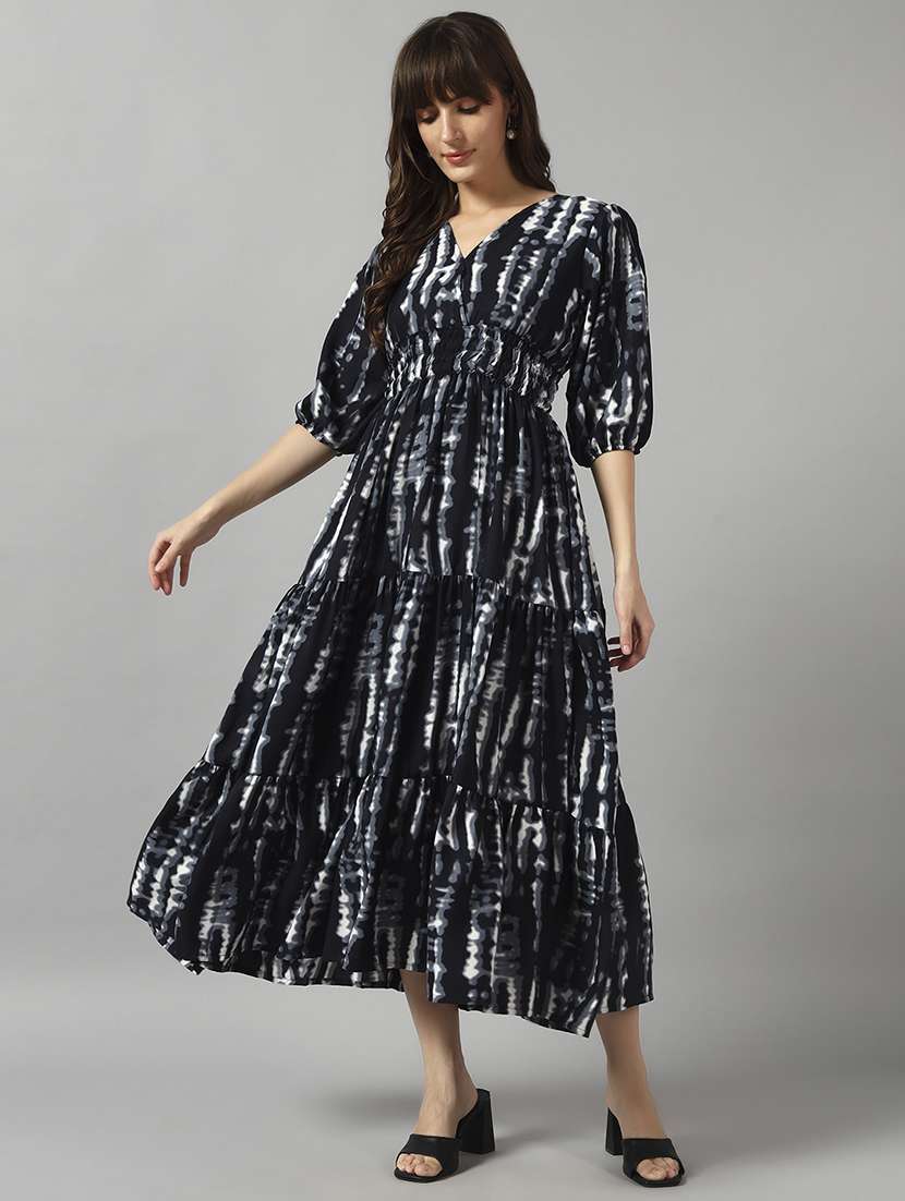 women tie & dye printed puff sleeve tiered dress