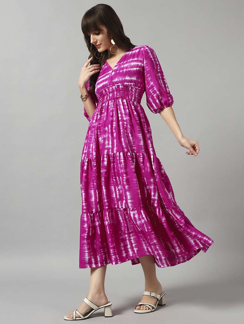 women tie & dye printed puff sleeve tiered dress