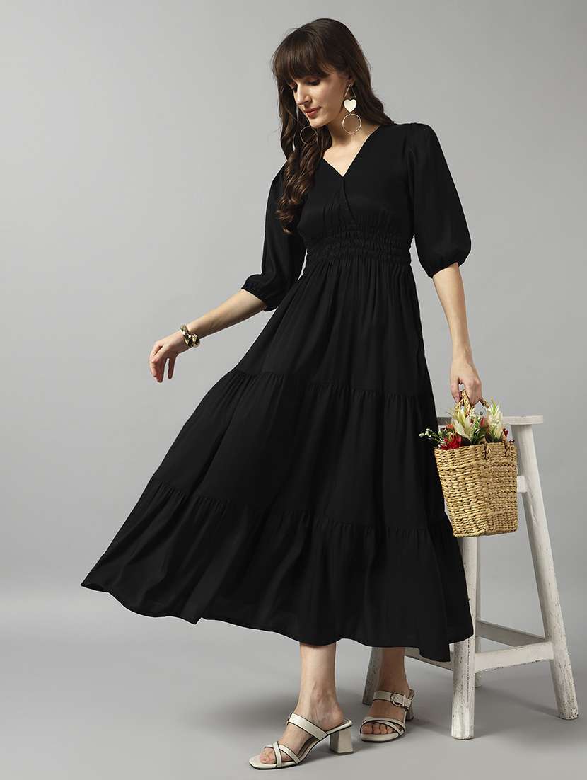 women solid puff sleeve tiered dress