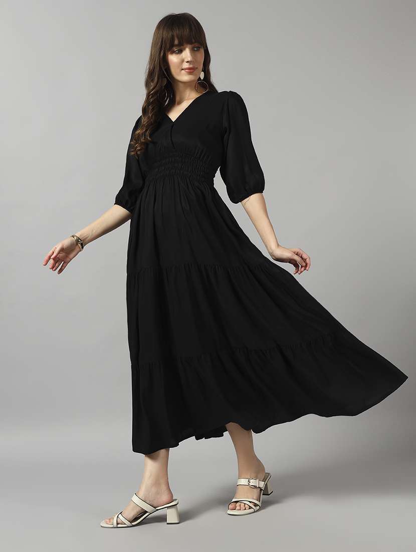 women solid puff sleeve tiered dress - 22091559 - Standard Image - 1