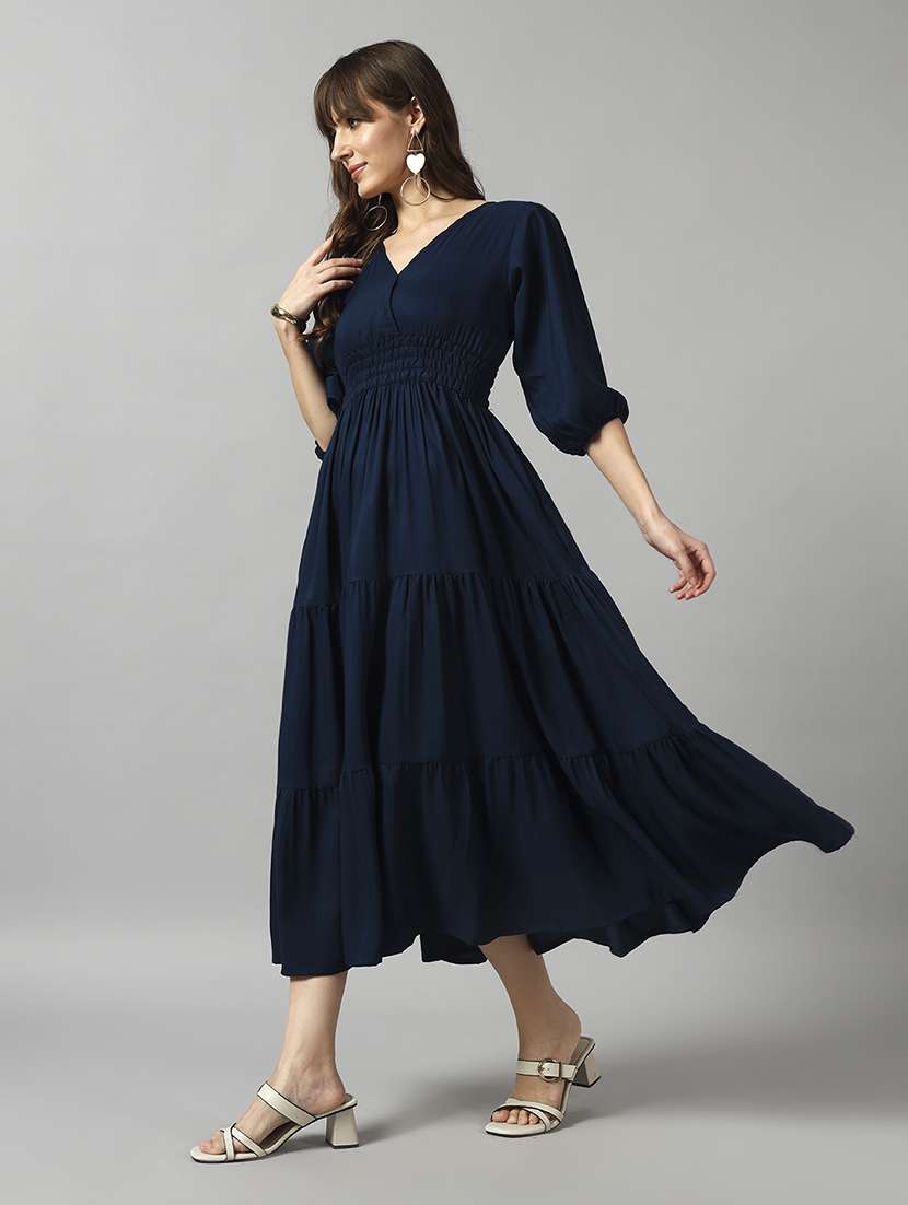 women solid puff sleeve tiered dress - 22091563 - Standard Image - 1