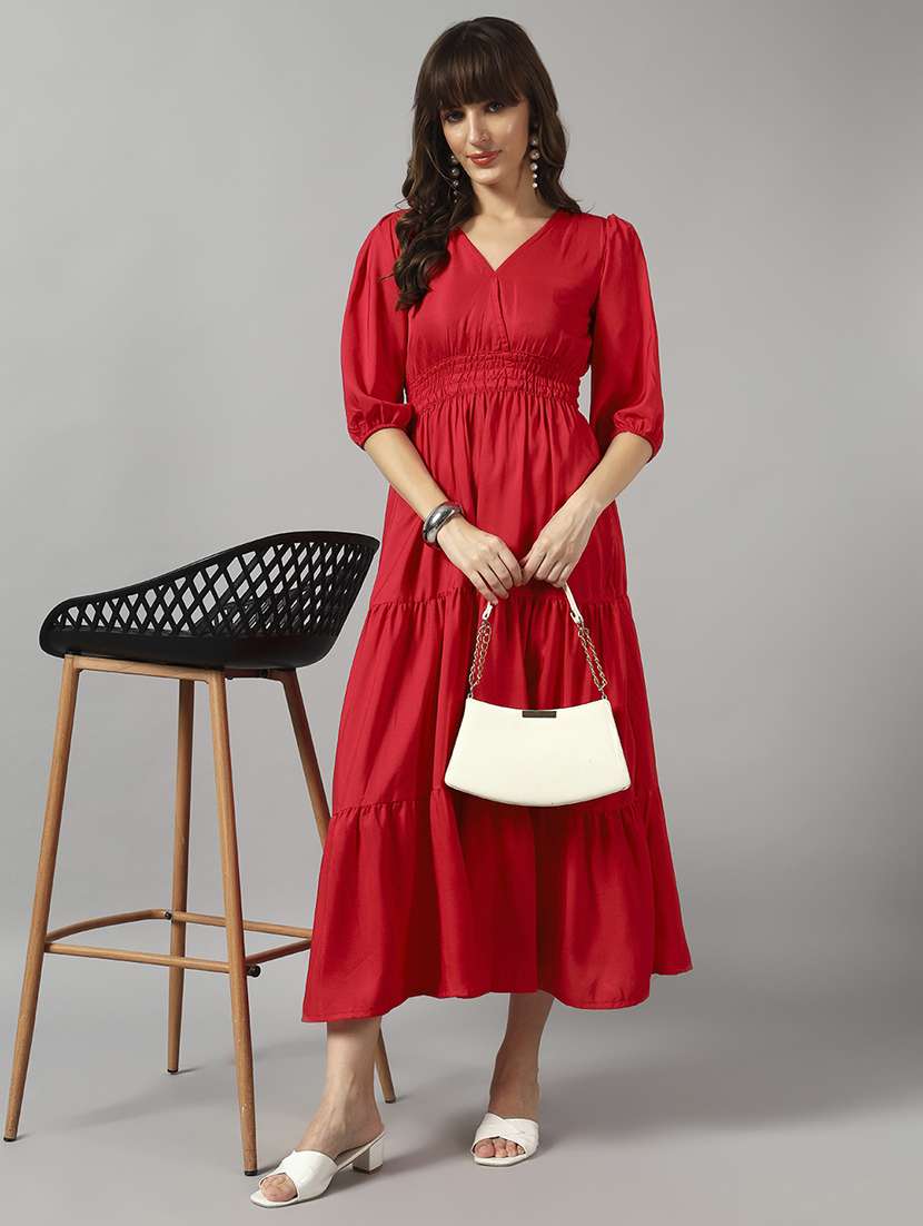 women solid puff sleeve tiered dress