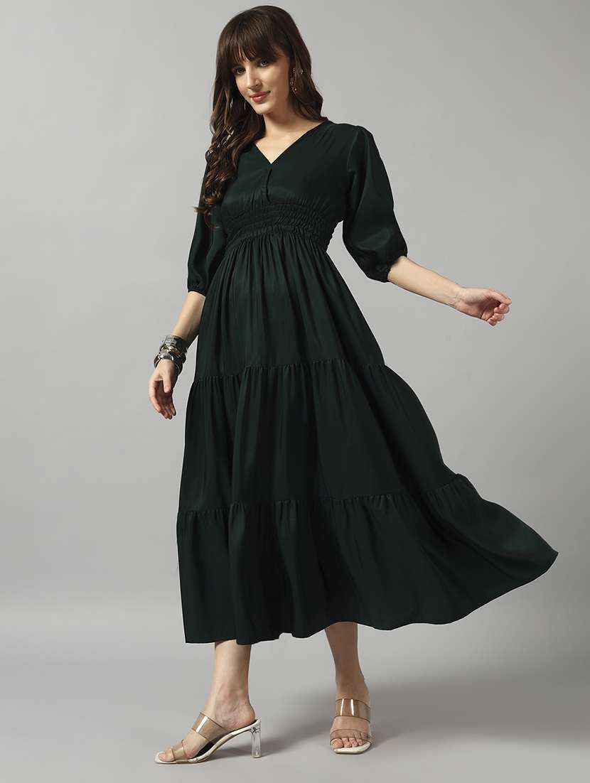 women solid puff sleeve tiered dress - 22091571 -  Standard Image - 1