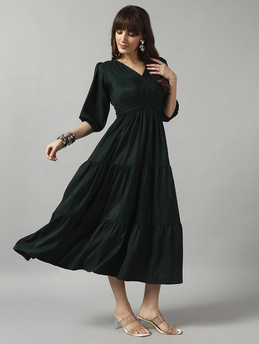 women solid puff sleeve tiered dress - 22091573 - Standard Image - 1