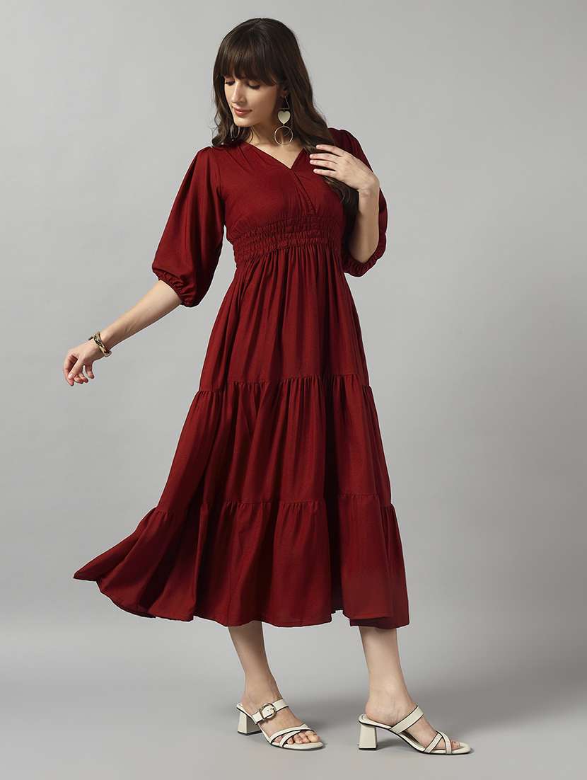 women solid puff sleeve tiered dress - 22091574 - Standard Image - 1