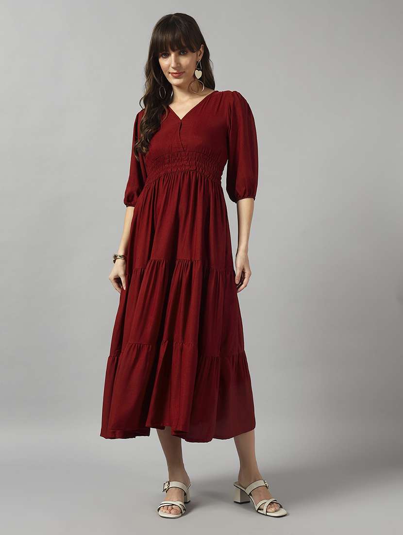 women solid puff sleeve tiered dress - 22091575 - Standard Image - 1