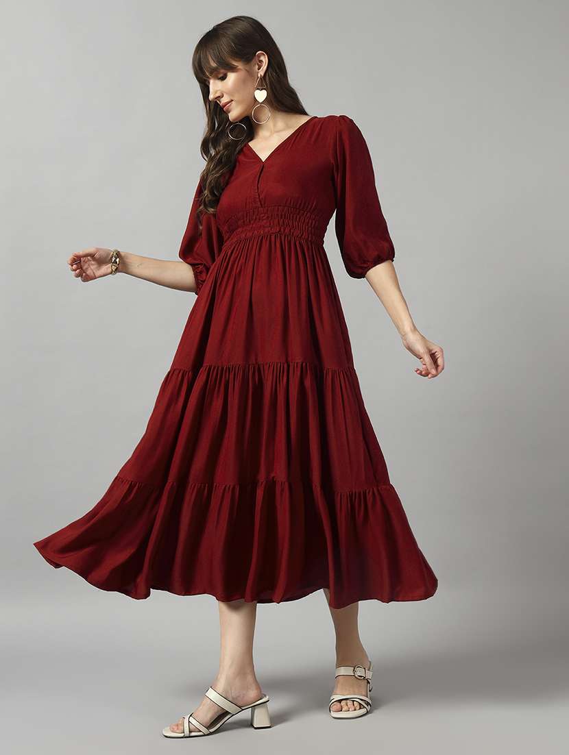 women solid puff sleeve tiered dress - 22091576 -  Standard Image - 1