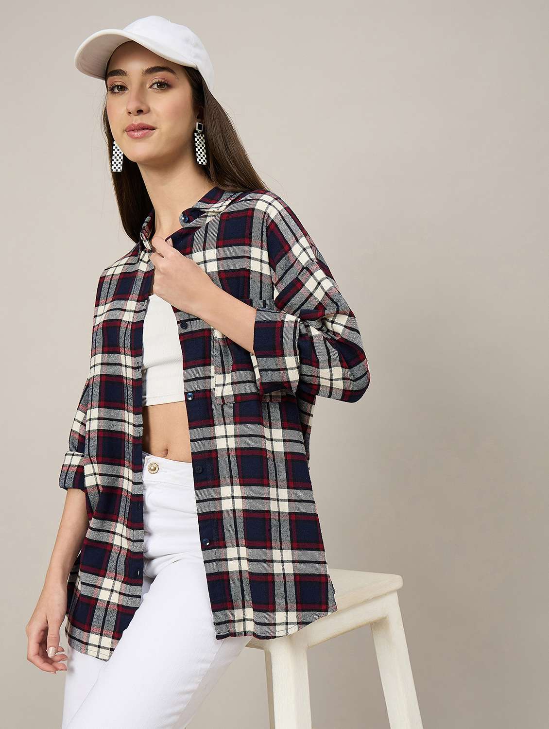 women checkered long sleeve oversized shirt - 22092020 - Standard Image - 1