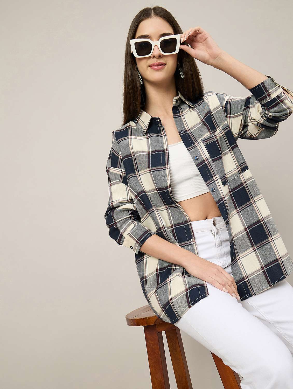 women checkered long sleeve oversized shirt - 22092021 - Standard Image - 1