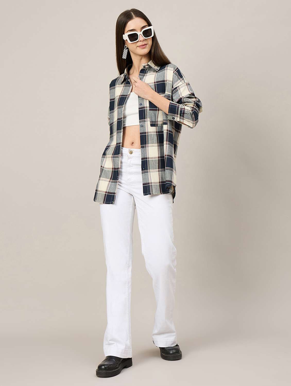 women checkered long sleeve oversized shirt - 22092021 - Standard Image - 4
