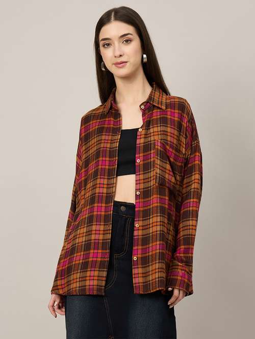 women checkered long sleeve oversized shirt