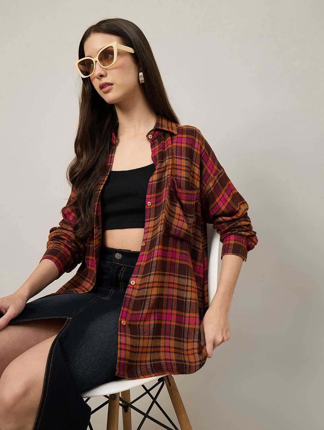women checkered long sleeve oversized shirt - 22092024 - Standard Image - 1