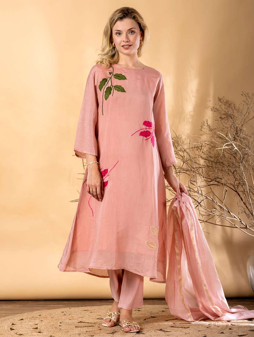 women embroidered three quarter sleeve kurta pant with dupatta set