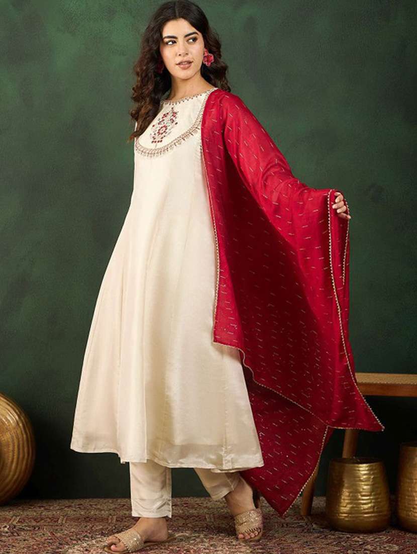 women embroidered three quarter sleeve kurta pant with dupatta set - 22092088 -  Standard Image - 1