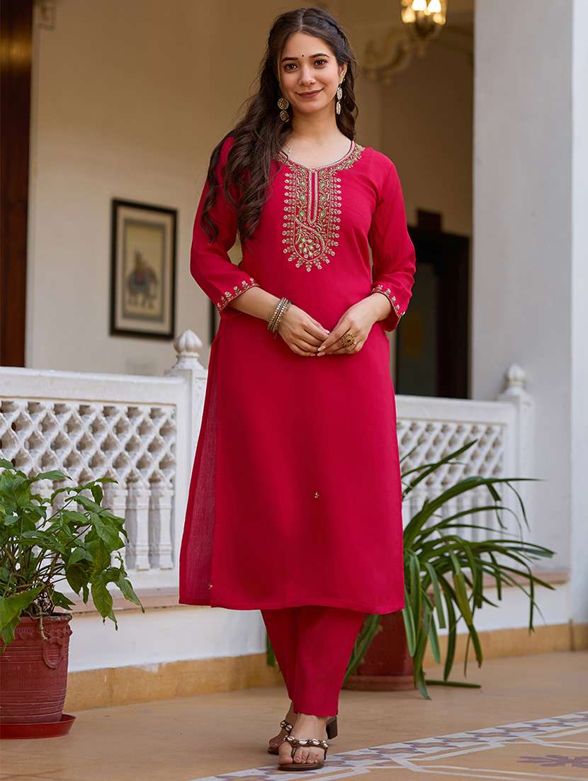 women embroidered three quarter sleeve kurta pant with dupatta set - 22092098 - Standard Image - 1