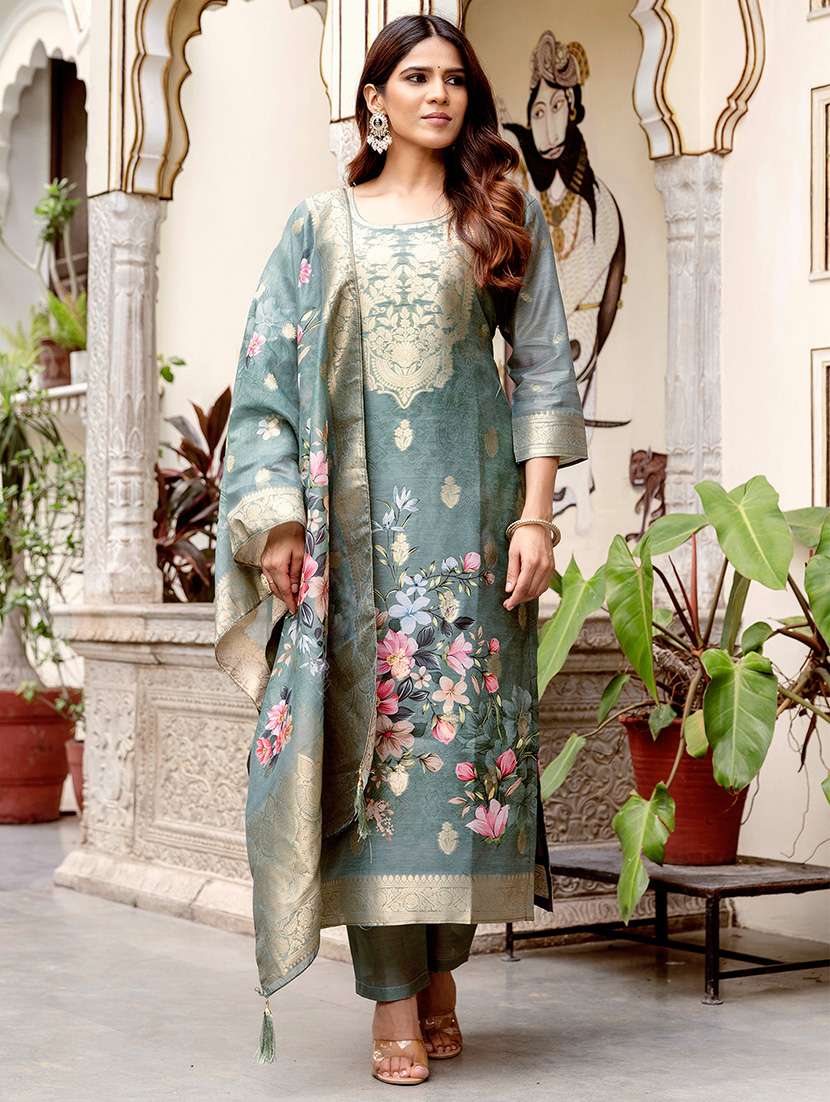 women floral three quarter sleeve kurta pant with dupatta set - 22092104 -  Standard Image - 1