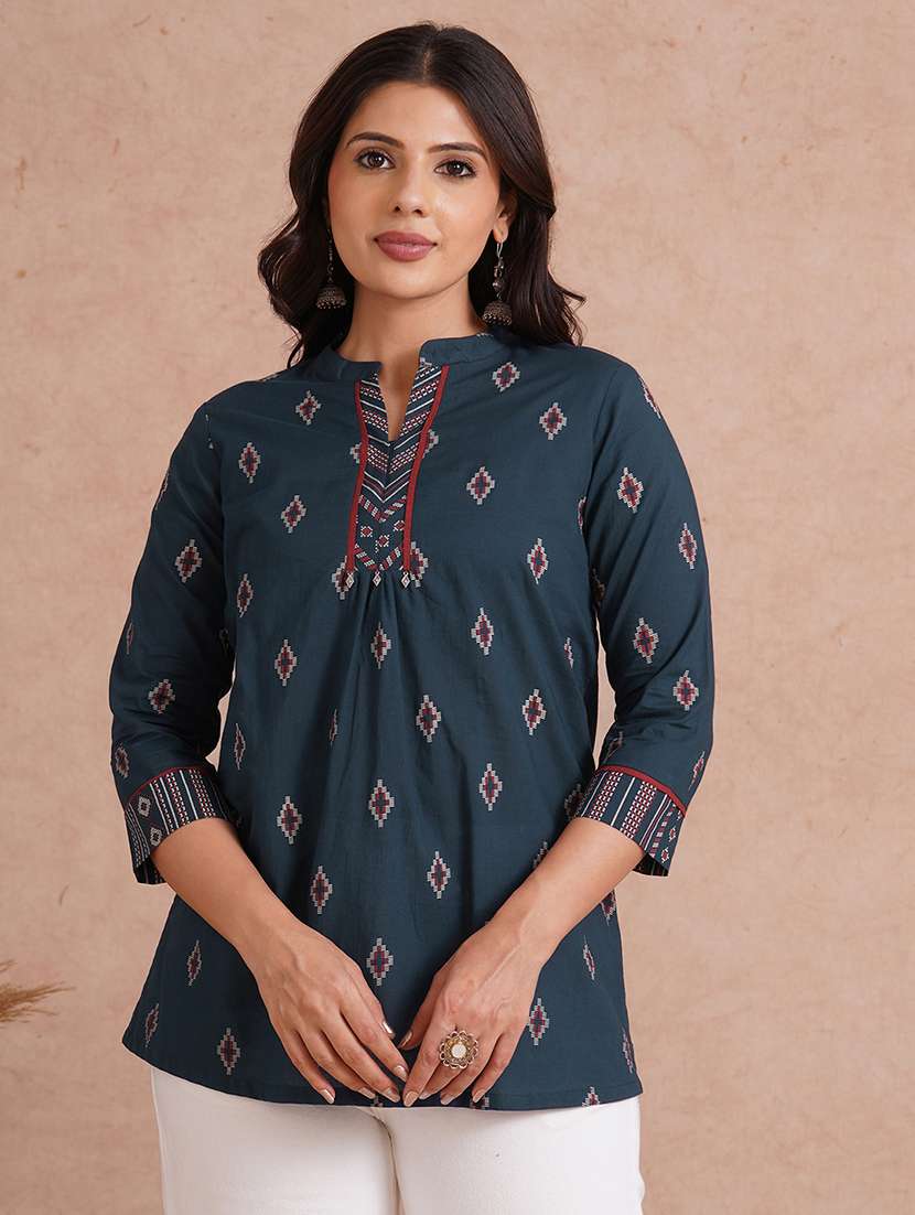 women printed three quarter sleeve a-line kurti