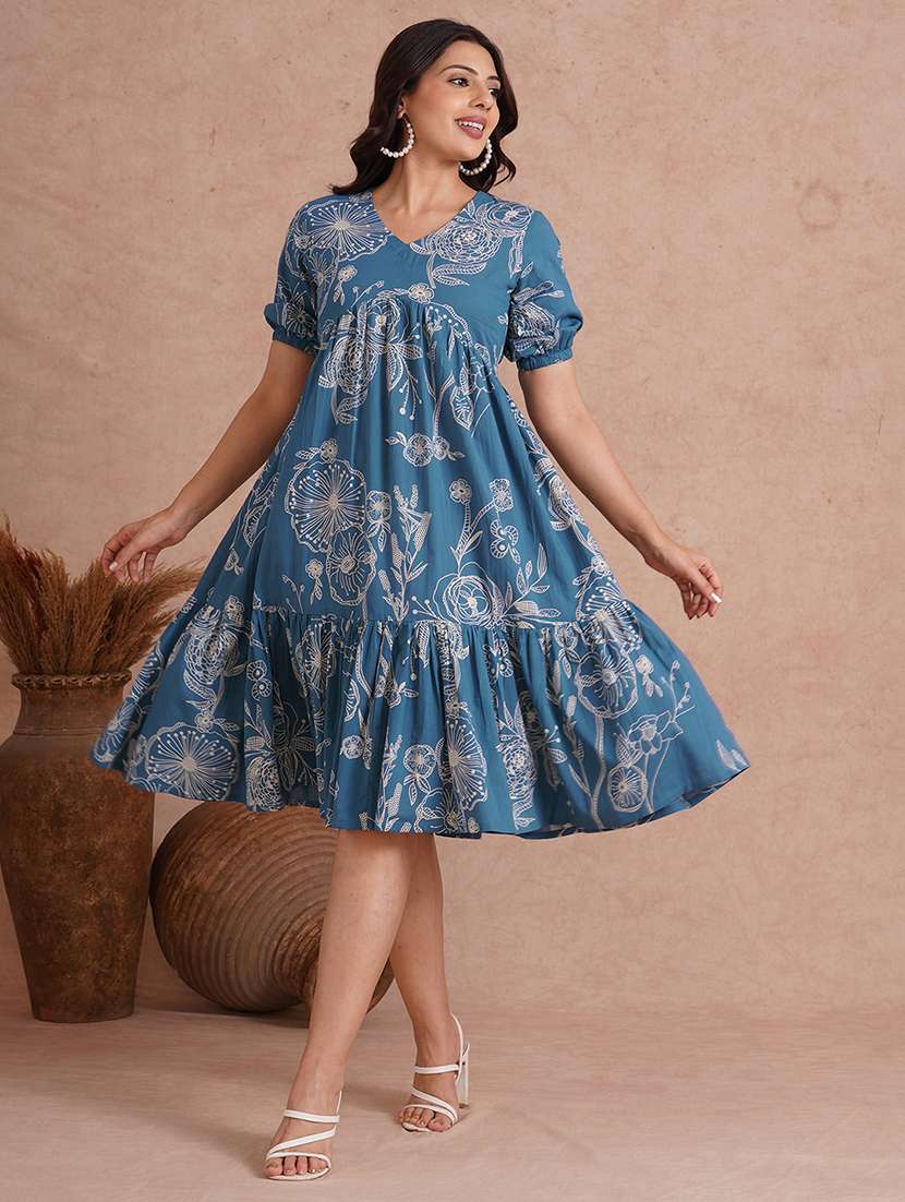 women floral print puff sleeve tiered dress
