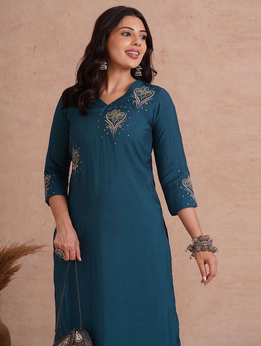 women embroidered three quarter sleeve kurta pant set - 22092187 -  Standard Image - 1