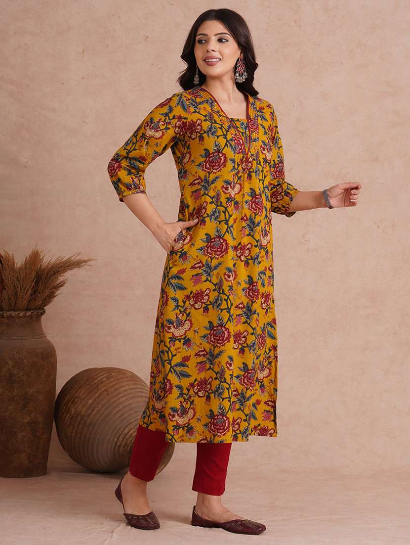 women floral three quarter sleeve a-line kurta  - 22092188 -  Standard Image - 1