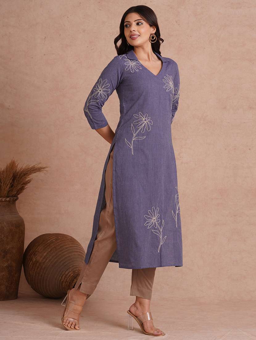women striped three quarter sleeve straight kurta  - 22092189 -  Standard Image - 1