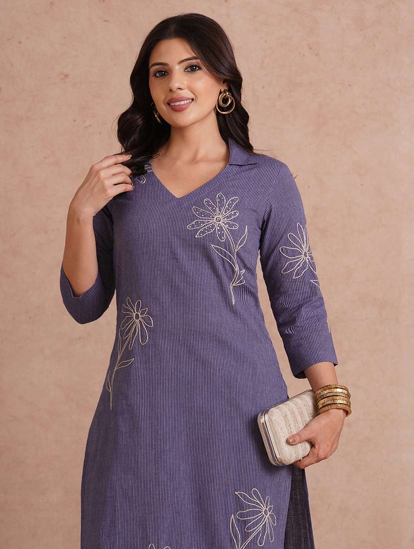 women striped three quarter sleeve straight kurta  - 22092189 -  Standard Image - 4