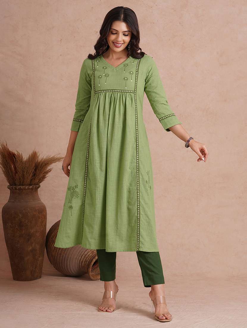 women embroidered three quarter sleeve a-line kurta 