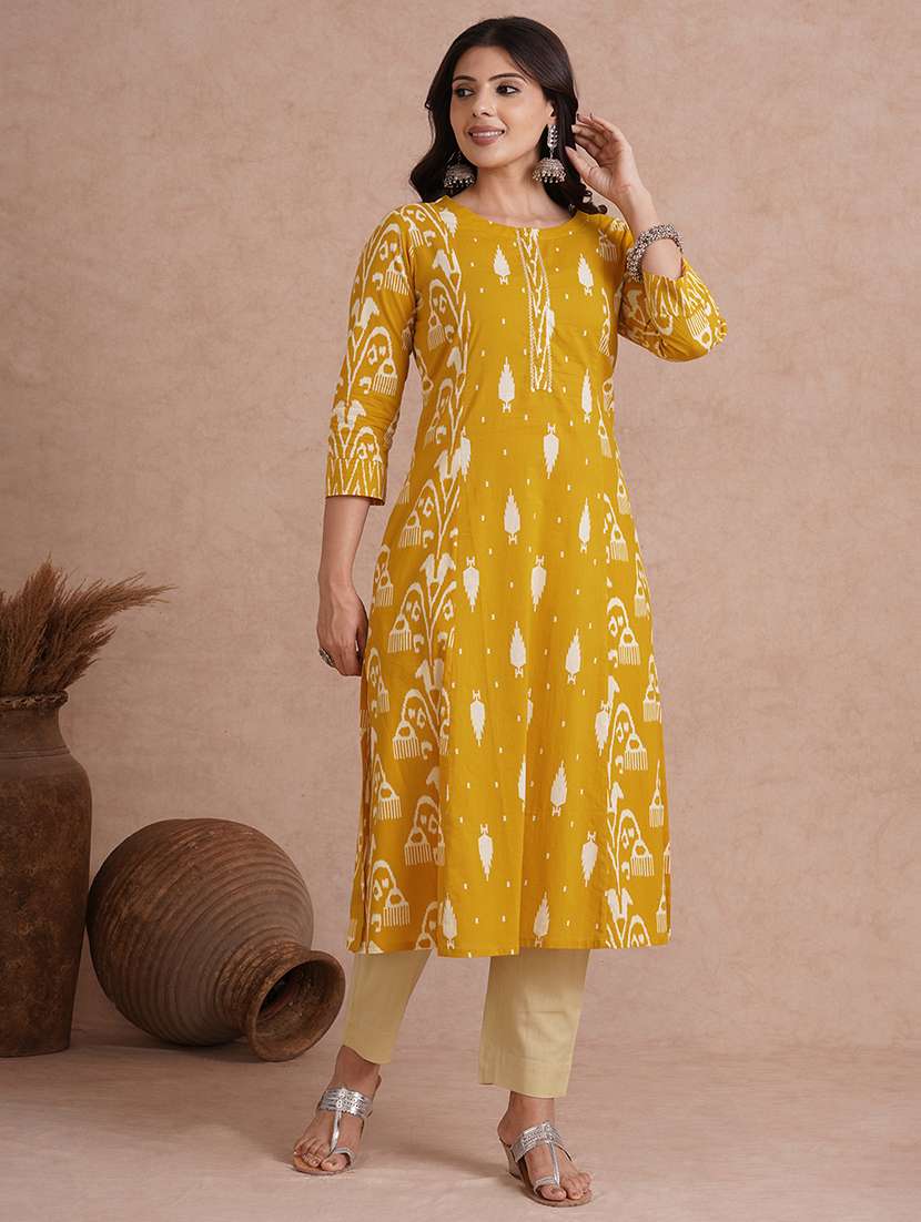 women embroidered three quarter sleeve a-line kurta 