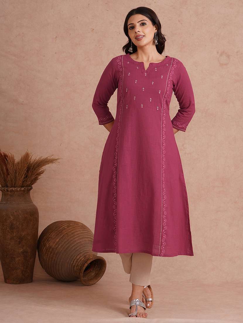 women embroidered three quarter sleeve a-line kurta 